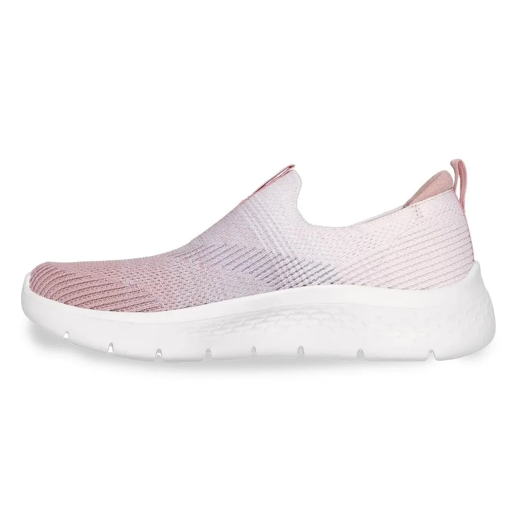Tênis Skechers Go Walk Flex Feminino Rosa visto de lado mostrando detalhes do tecido knit e solado branco