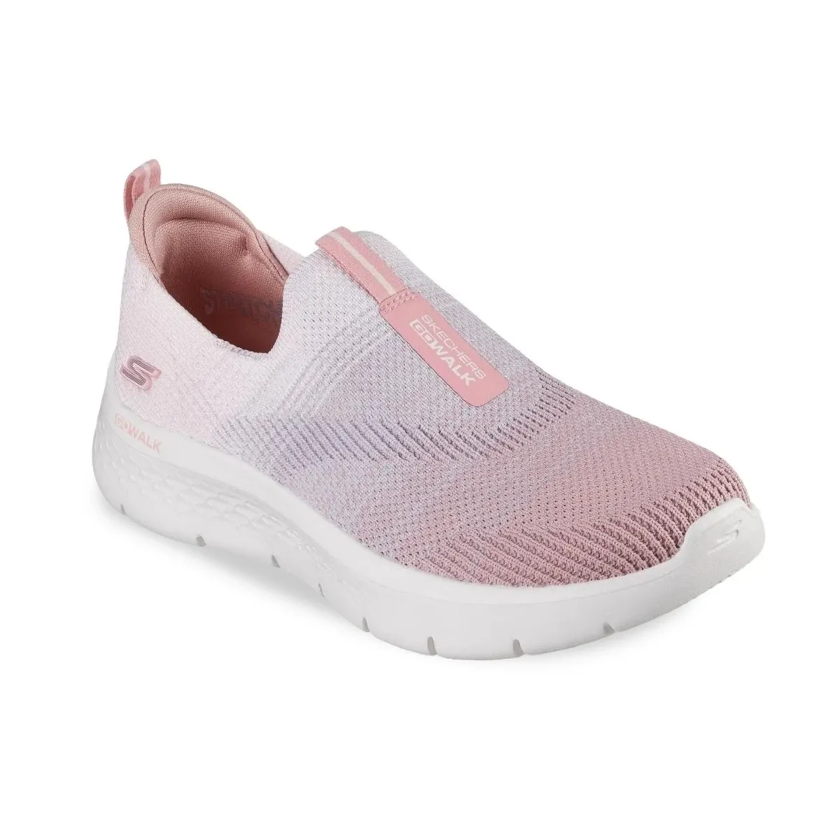 Detalhe do tênis Skechers Go Walk Flex Feminino Rosa destacando o tecido knit e palmilha
