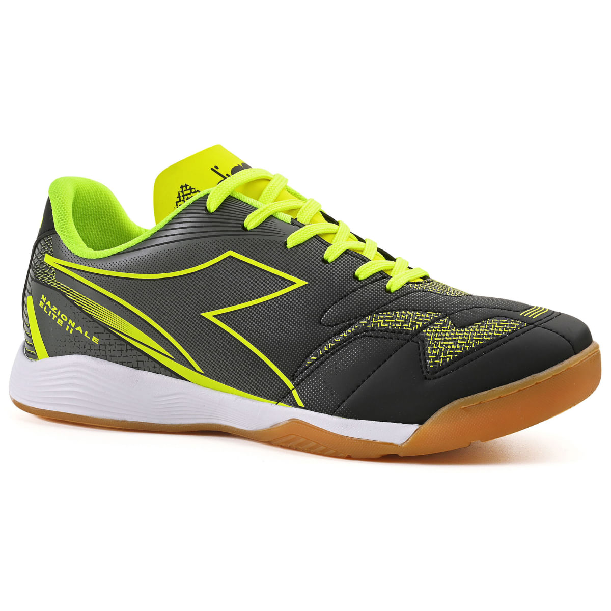 Chuteira Diadora Nazionale Elite II futsal preto vista 3/4 frontal direito com detalhes no cabedal