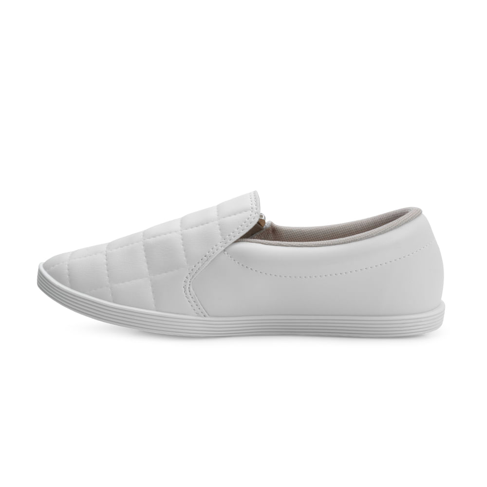 Tênis slip on feminino branco com fechamento em zíper, vista frontal para seção Vai Servir