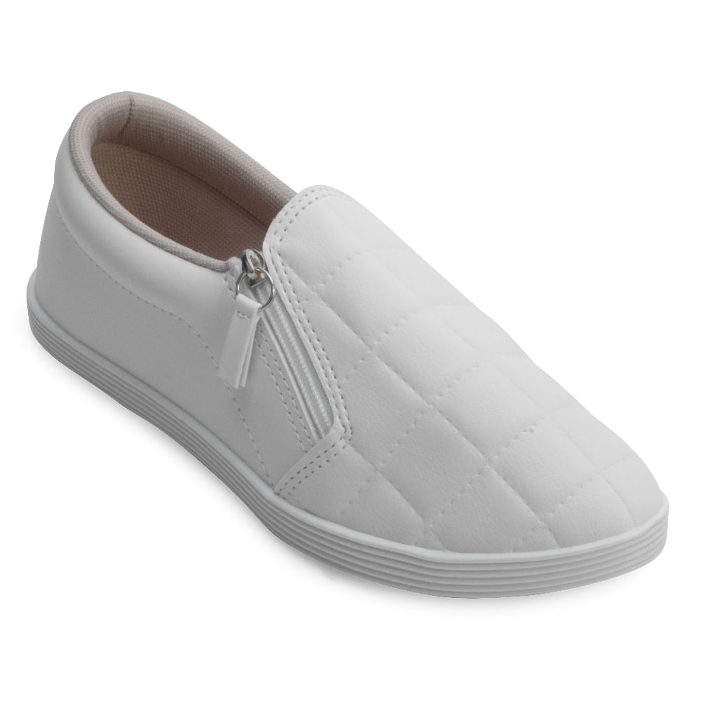 Tênis slip on feminino branco com fechamento em zíper, vista lateral