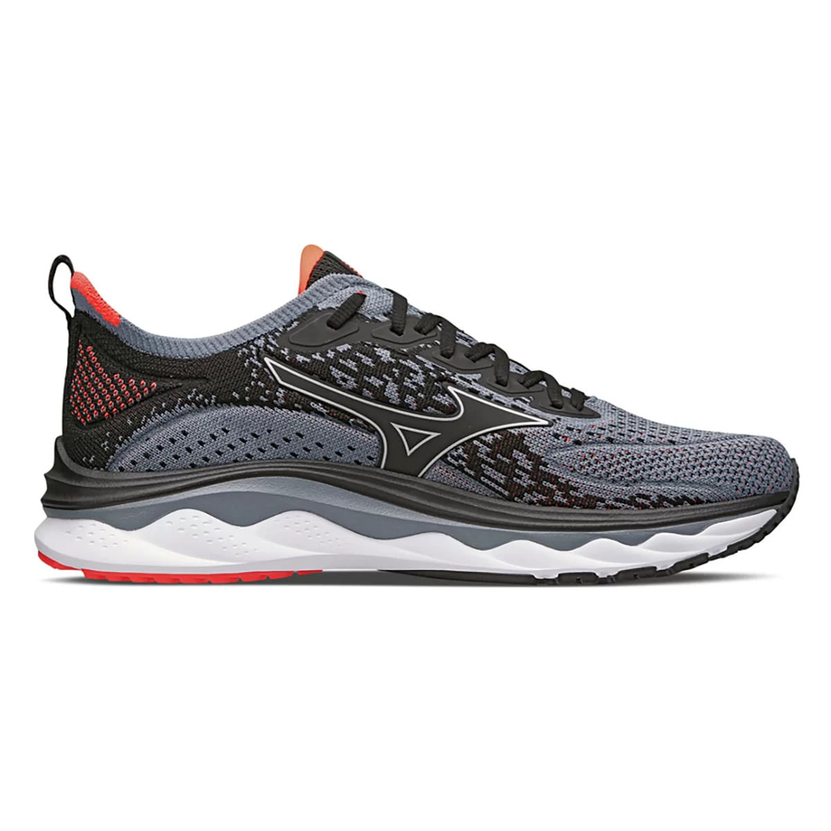 Tênis Mizuno Wave Fujin Masculino Prata visto de lado, com design moderno em preto, cinza e vermelho.
