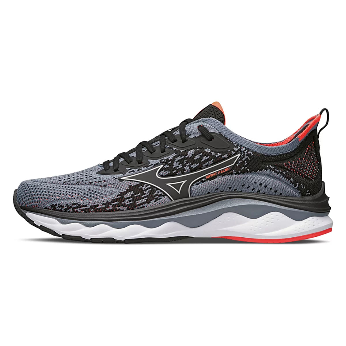 Tênis Mizuno Wave Fujin Masculino Prata visto do lado oposto, destacando design em preto, cinza e vermelho.