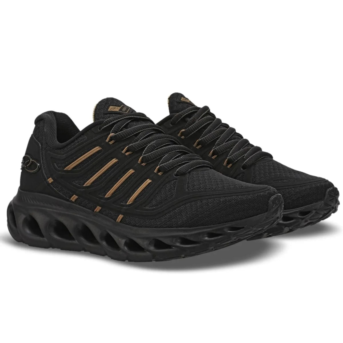 Tênis esportivo Olympikus Cyber 4 masculino preto com dourado vista lateral esquerda e frontal