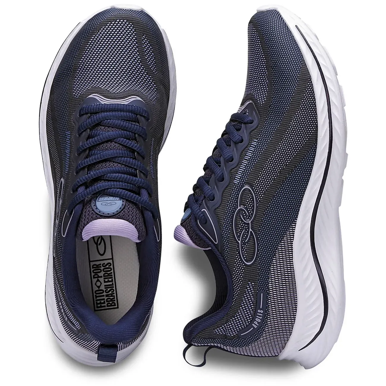 Vista superior do tênis feminino esportivo Apolis Olympikus marinho mostrando detalhes do cabedal e palmilha