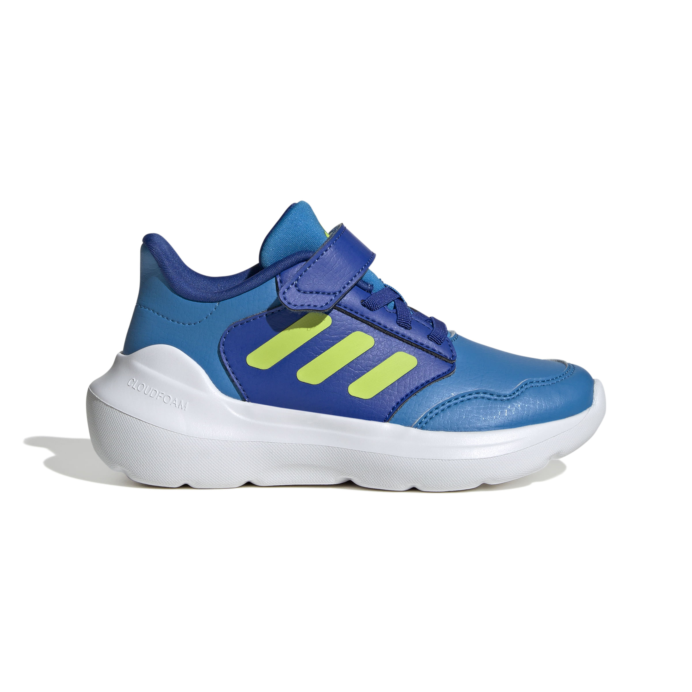 Tênis infantil Adidas Tensaur Run 3.0 na cor azul visto lateralmente com detalhes em verde-limão e marinho, fechamento em velcro e cadarço elástico.