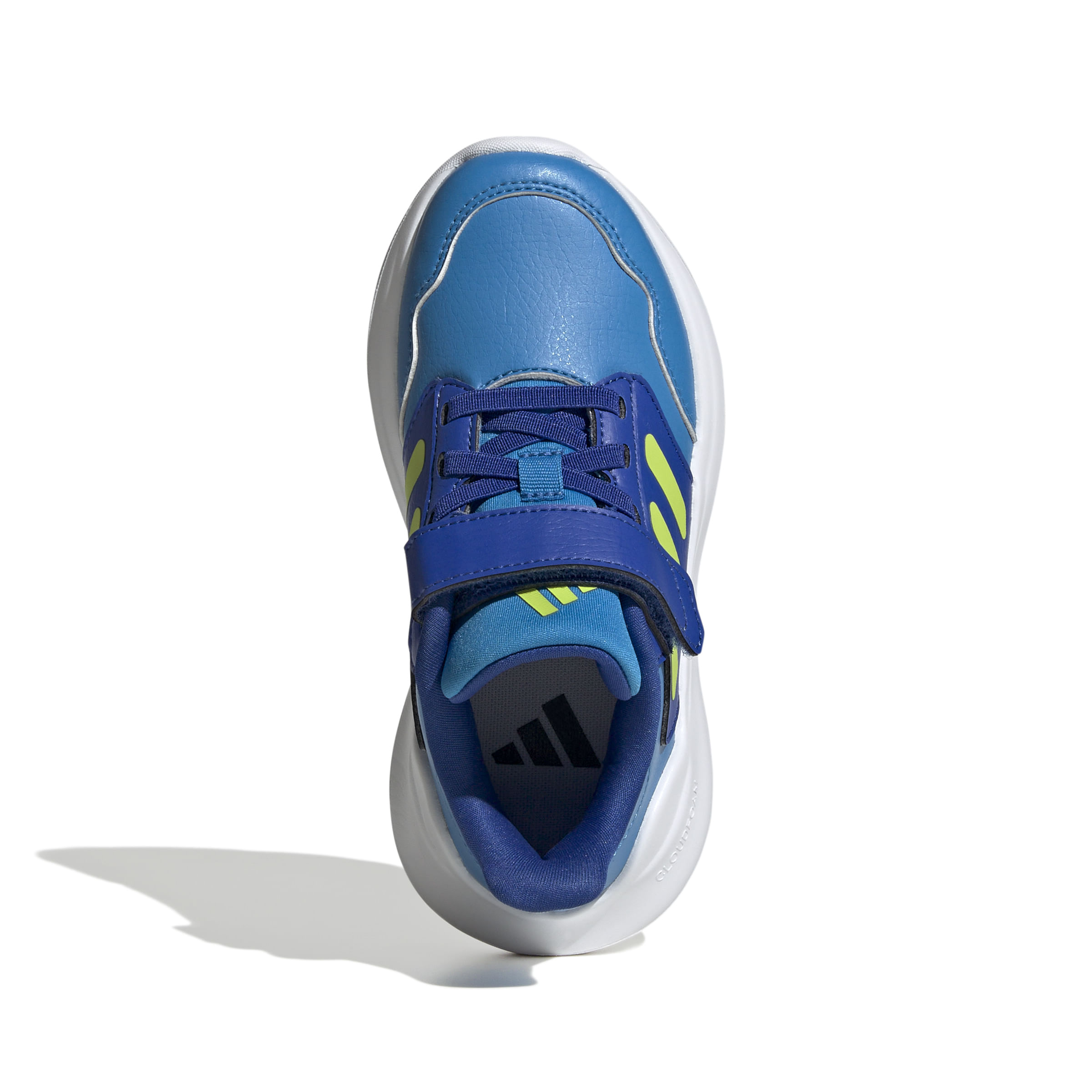 Vista superior do tênis Adidas Tensaur Run 3.0 Infantil Azul mostrando a língua e fechamento em velcro.