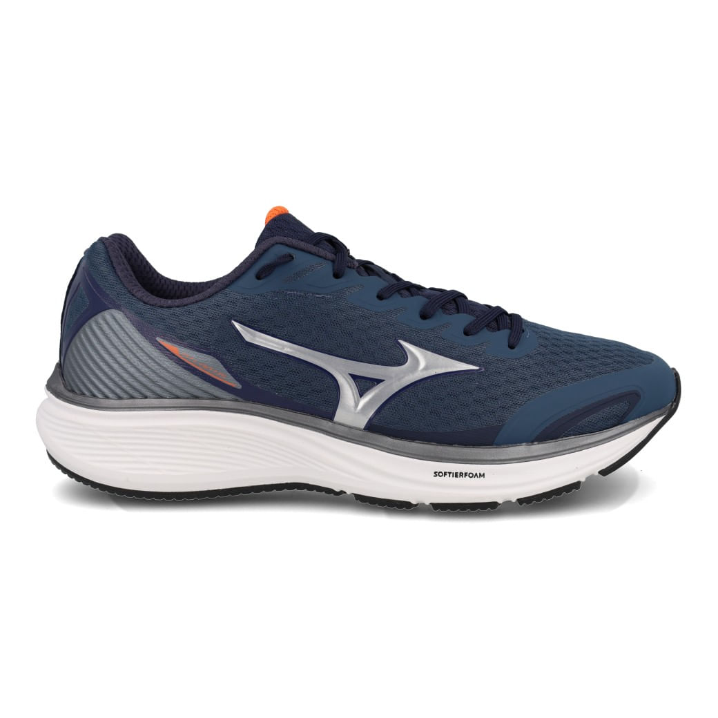 Tênis esportivo masculino Mizuno Atlantis azul marinho com detalhes prateados e interior laranja, vista lateral direita.