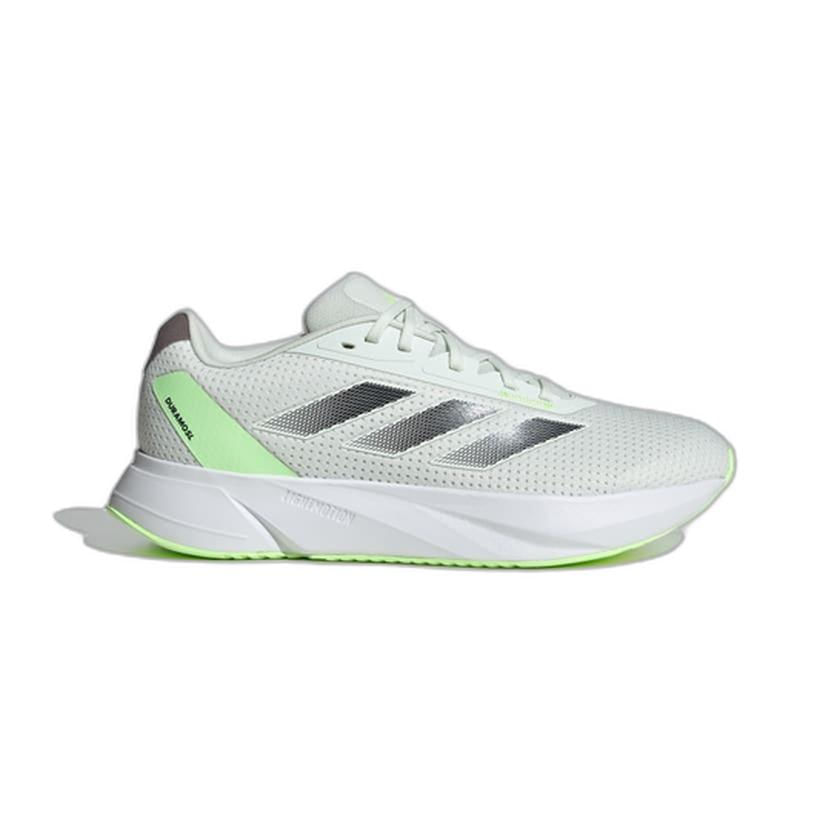 Tênis Adidas Duramo branco com detalhes verde-limão e prateados vista lateral para performance e conforto