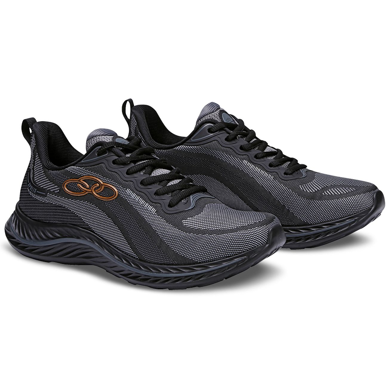 Tênis esportivo feminino Olympikus Apolis preto em ângulo frontal e lateral