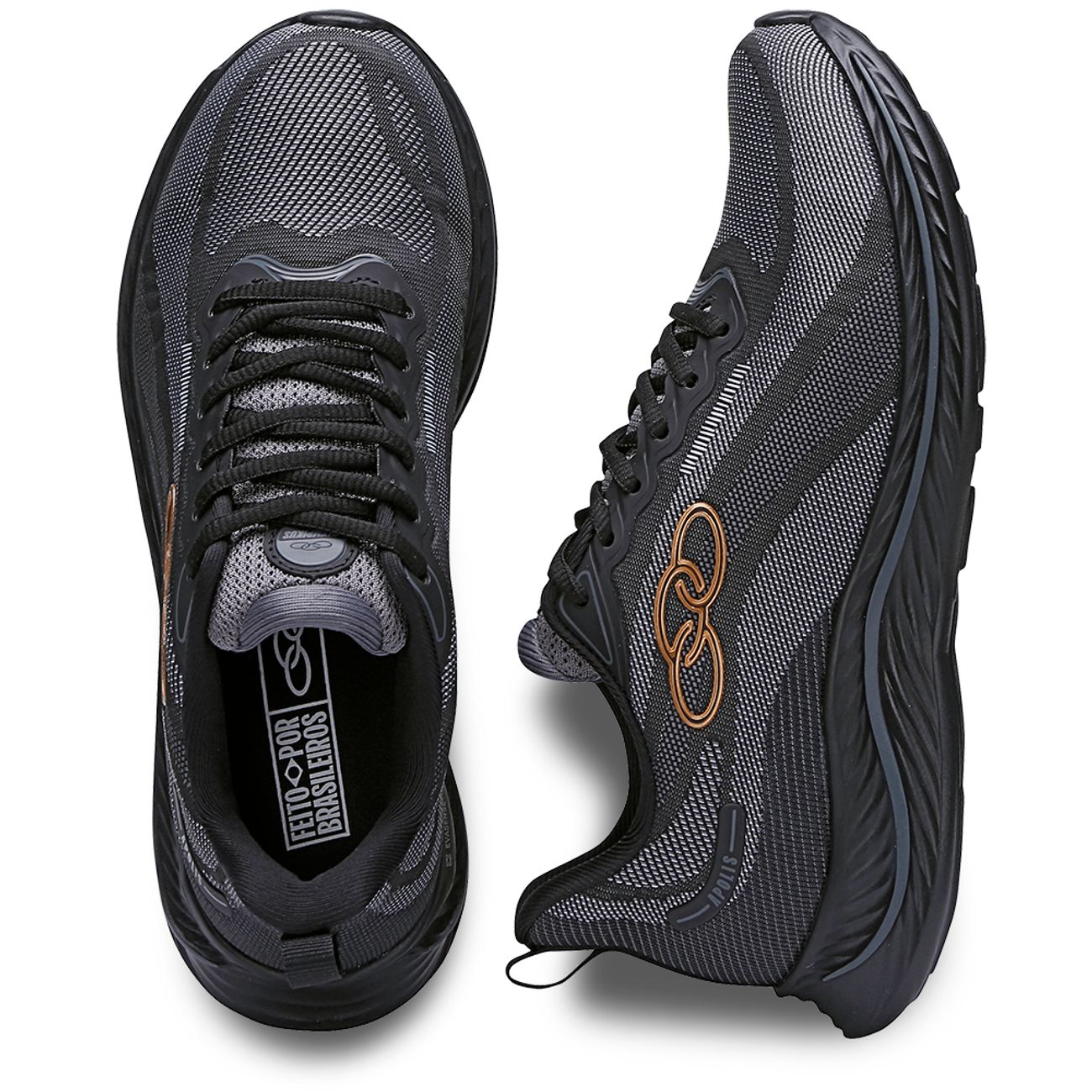 Tênis feminino Olympikus Apolis preto com detalhes cinza e logo cobre, vista lateral superior