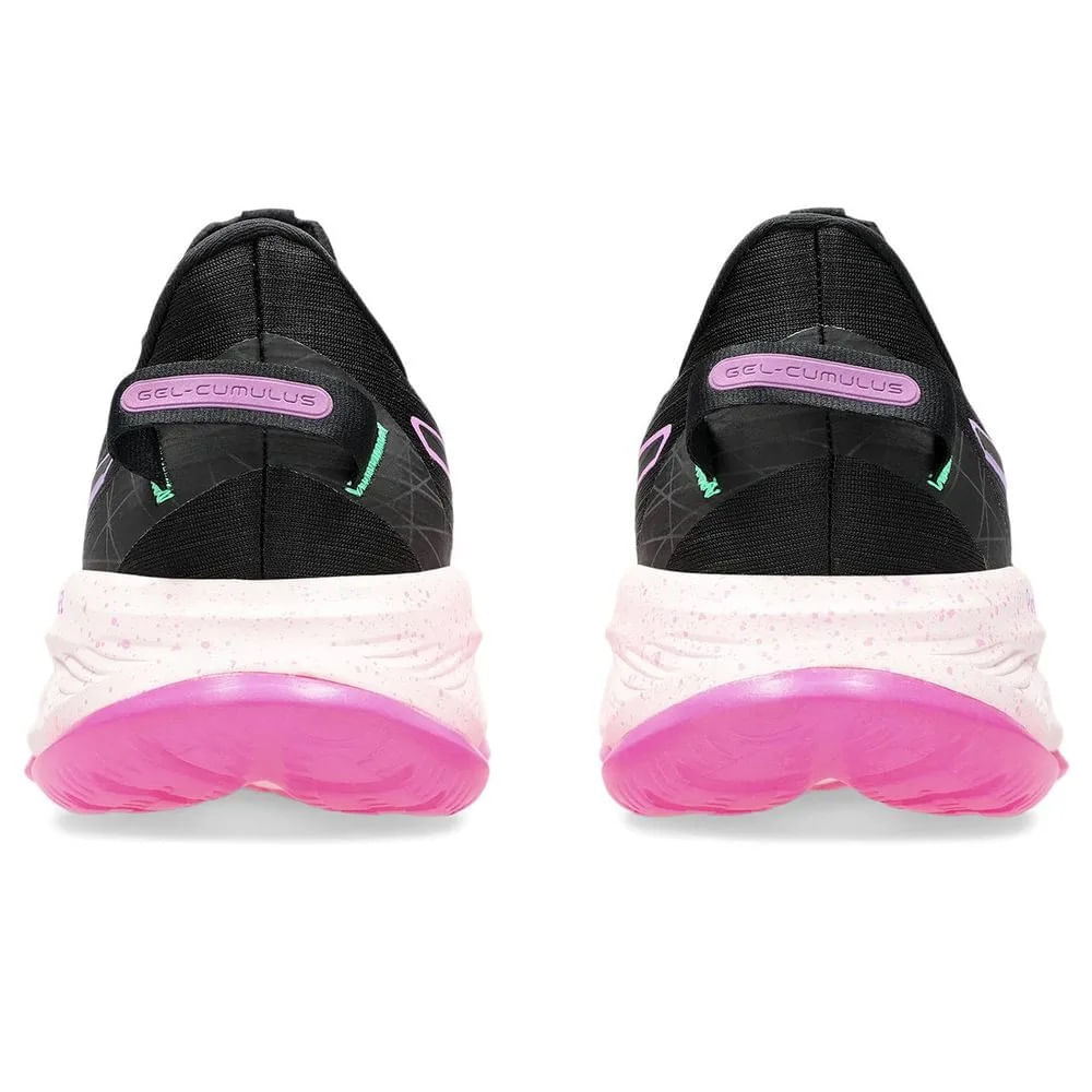 Vista traseira do tênis Asics Gel-Cumulus 25 Lite-Show feminino preto evidenciando amortecimento e design.
