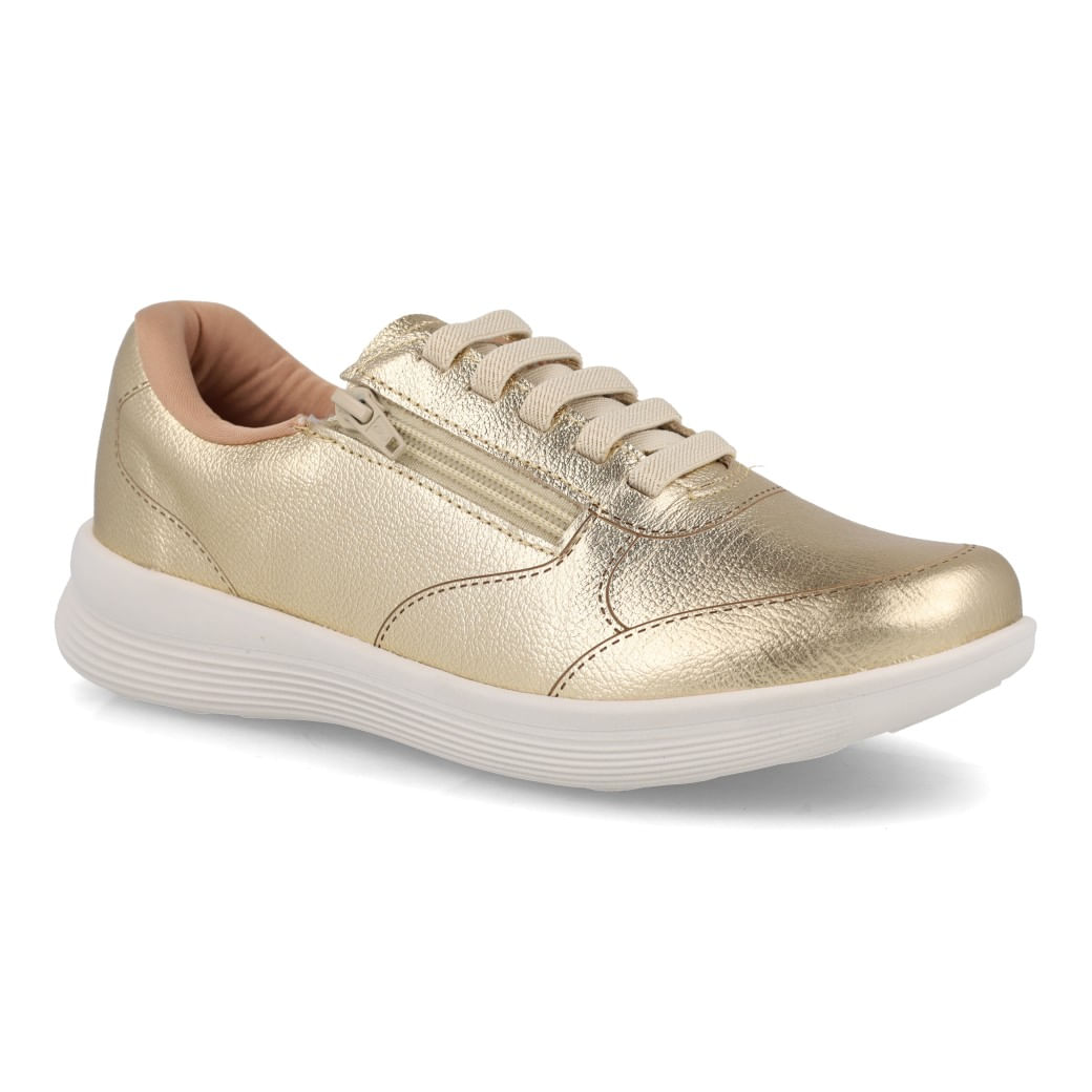 Tênis Usaflex Casual Dourado Couro Zíper Lateral Feminino Paquetá