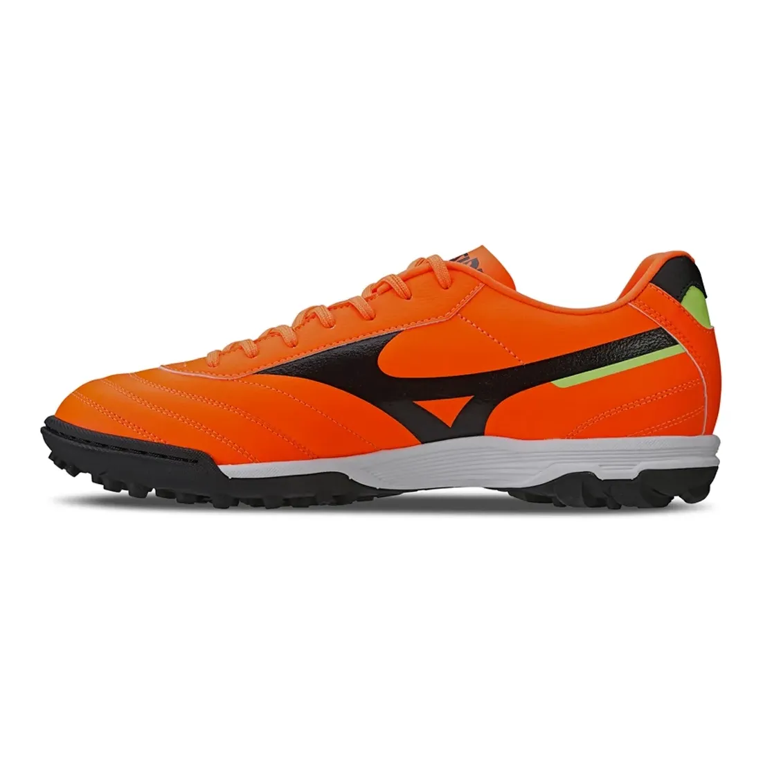 Chuteira Mizuno Morelia Classic masculina laranja vista lateral esquerda com logo preto e linhas de costura no cabedal
