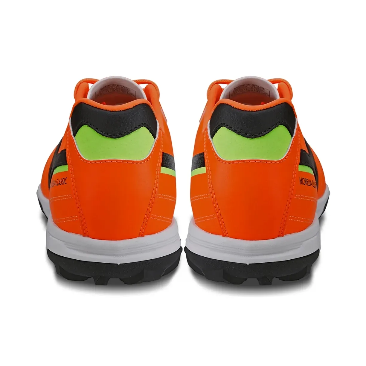 Chuteira Mizuno Morelia Classic masculina laranja vista traseira com recortes em preto e detalhe verde limão