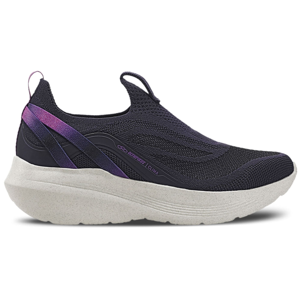 Tênis esportivo feminino Olympikus Clima na cor marinho com detalhes em roxo, design slip-on e solado branco em EVA