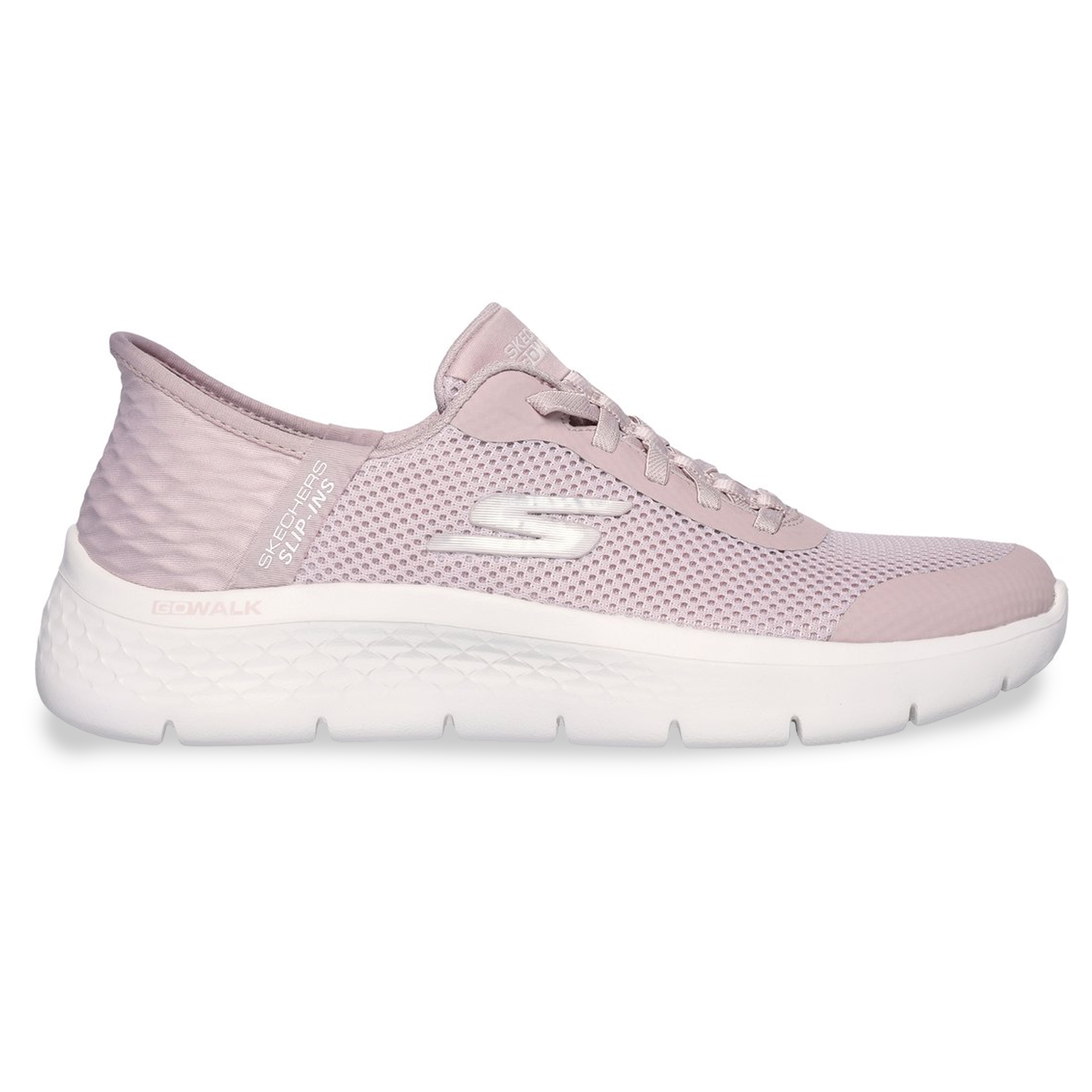 Tênis Skechers Slip-ins GO WALK Flex feminino na cor rosa com design respirável e sola branca