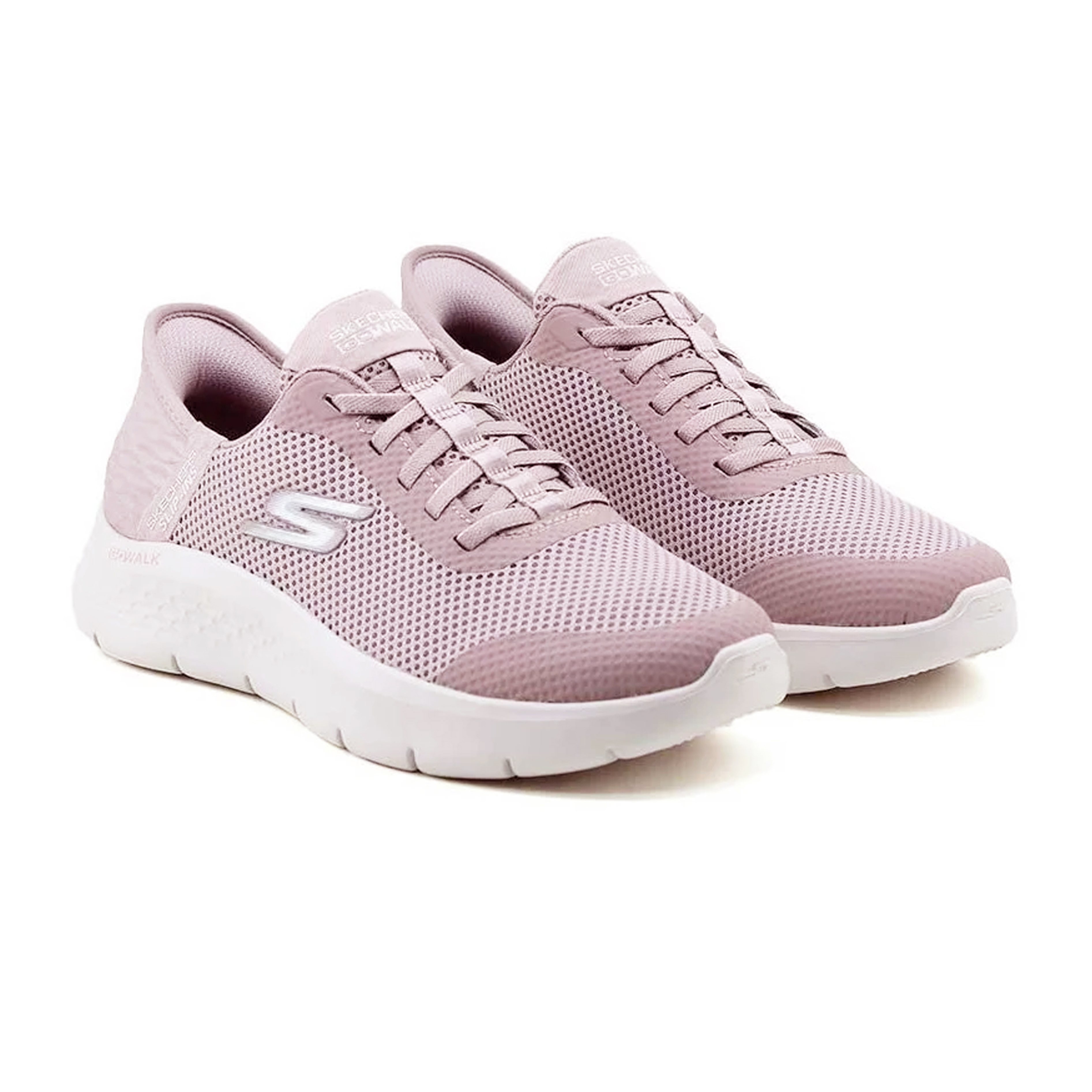 Tênis Skechers Slip-ins GO WALK Flex rosa visto de outro ângulo mostrando detalhes do design