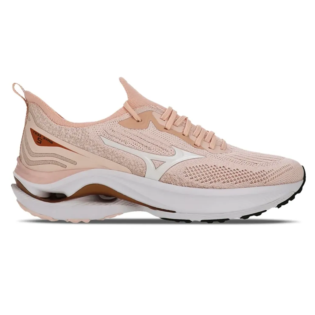 Tênis Mizuno Wave Zest 2 Feminino Rosa, perfil contra fundo branco com malha rosa claro e sola branca