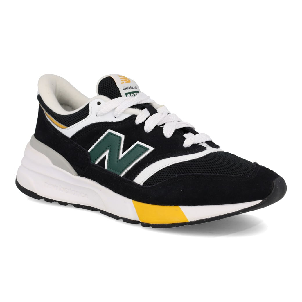 Tênis New Balance 997R Masculino Verde Musgo vista frontal lateral esquerda com detalhes em cadarço branco