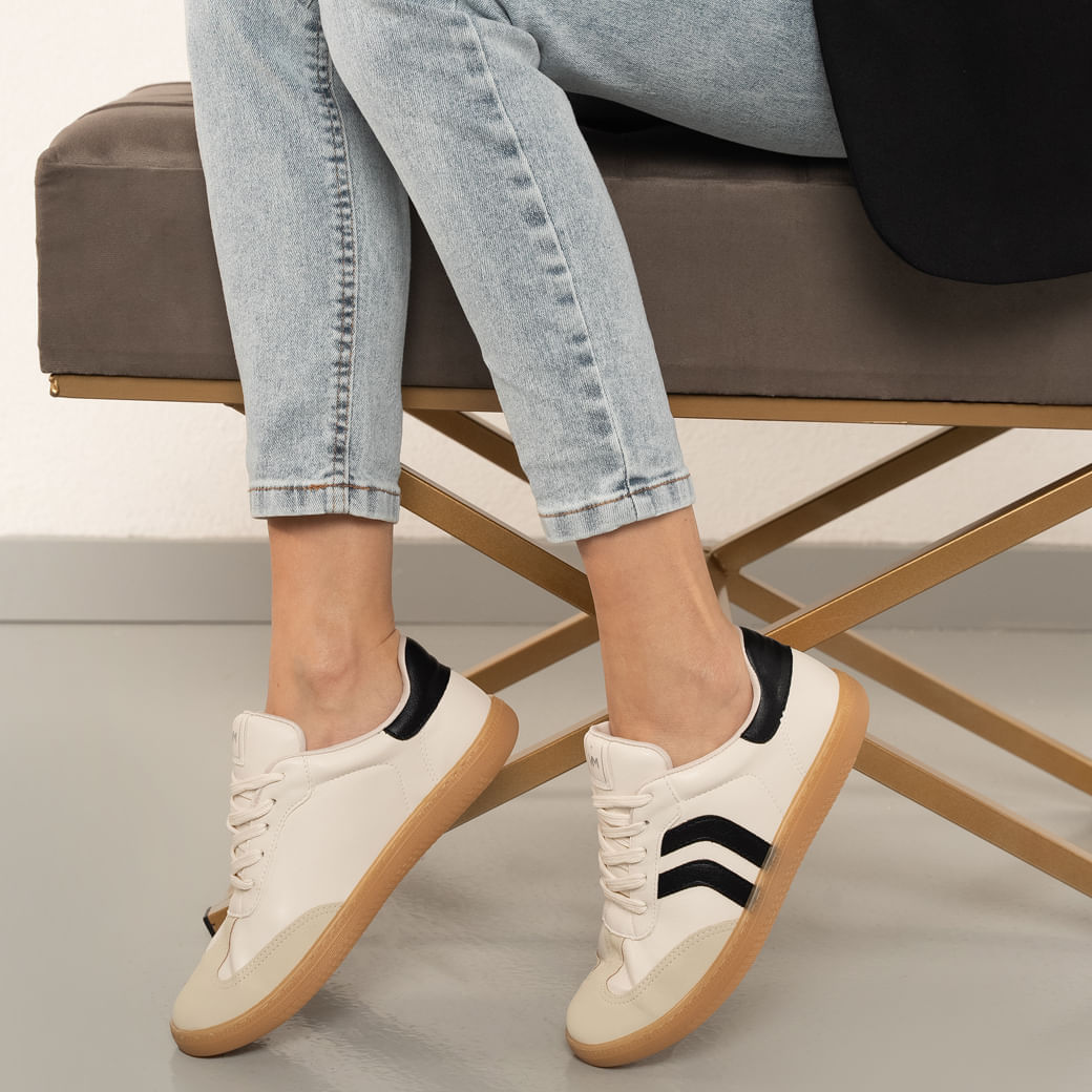 Tênis Feminino Casual Listras Via Marte Bege Preto Paquetá