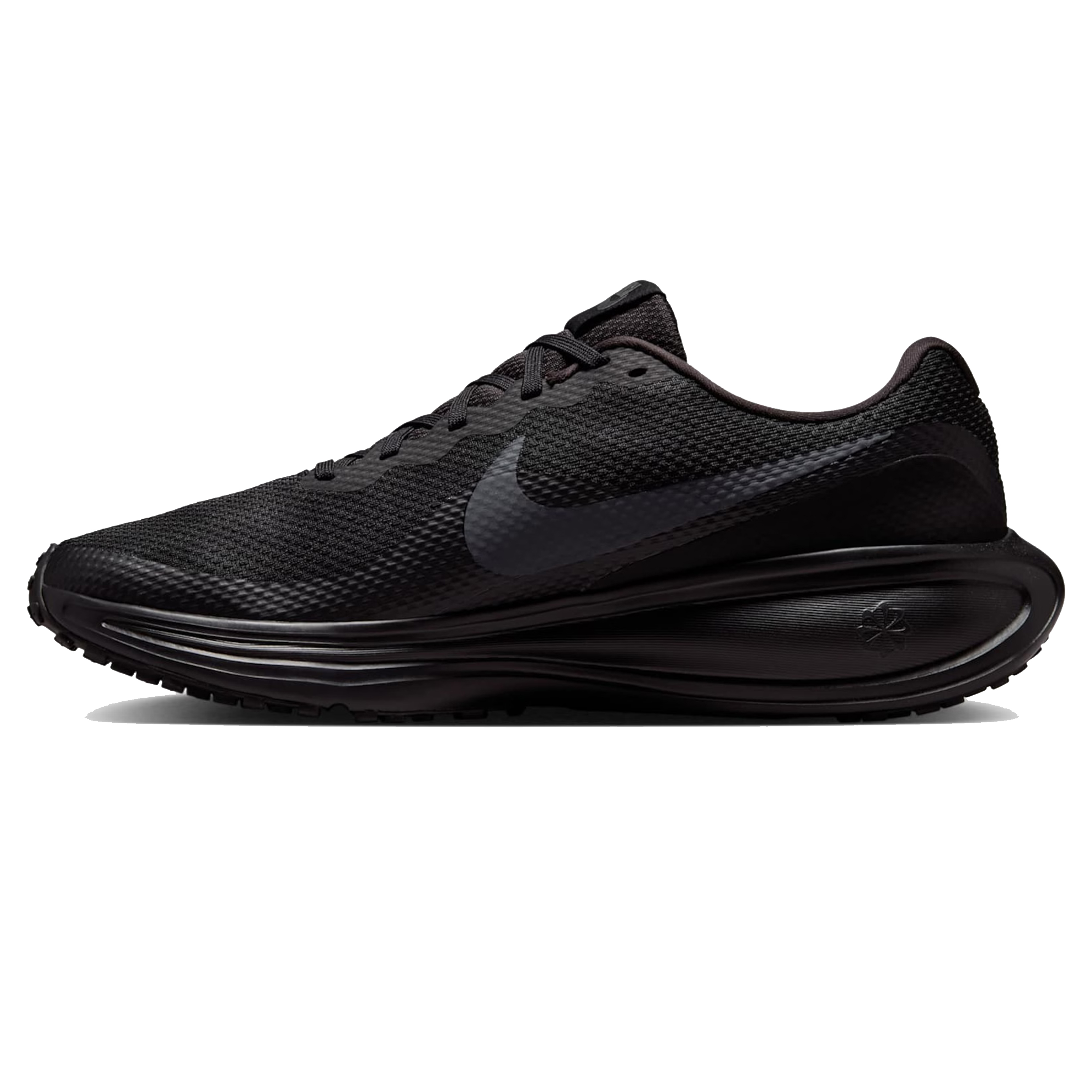 Tênis Nike Revolution 8 masculino preto em vista lateral esquerda mostrando o design moderno e solado aderente.