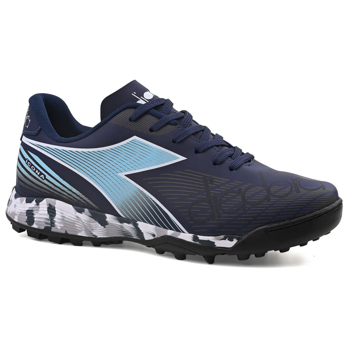Chuteira Diadora Ícona Elite Society azul marinho vista lateral esquerda com detalhes em azul claro