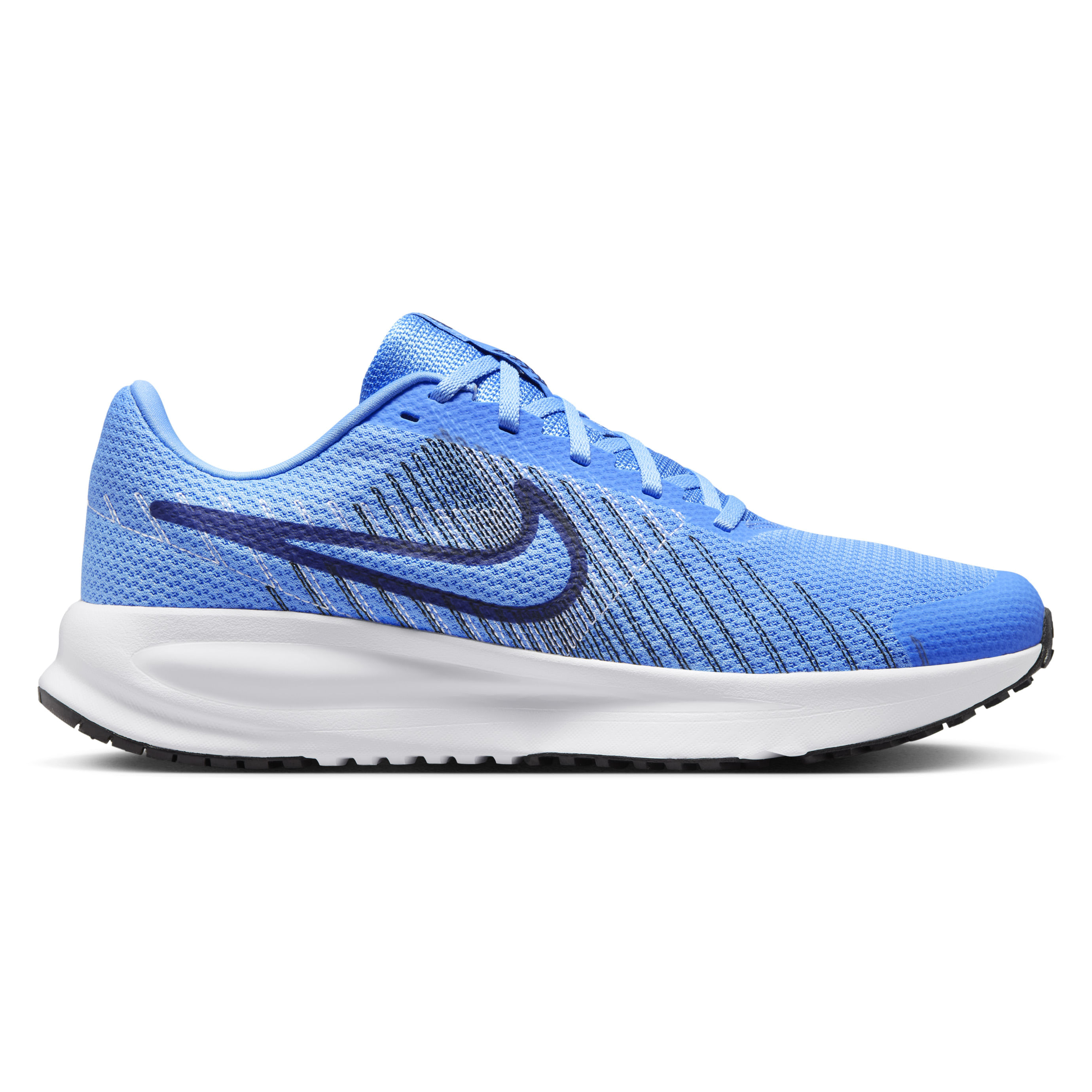 Tênis Nike Run Defy Masculino Azul em ângulo frontal mostrando design azul com detalhes em branco e preto e fechamento por cadarço