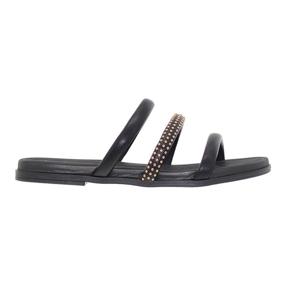 Rasteira Beira Rio Preto e Ouro Light Feminina com tiras pretas e detalhes dourados em fundo branco