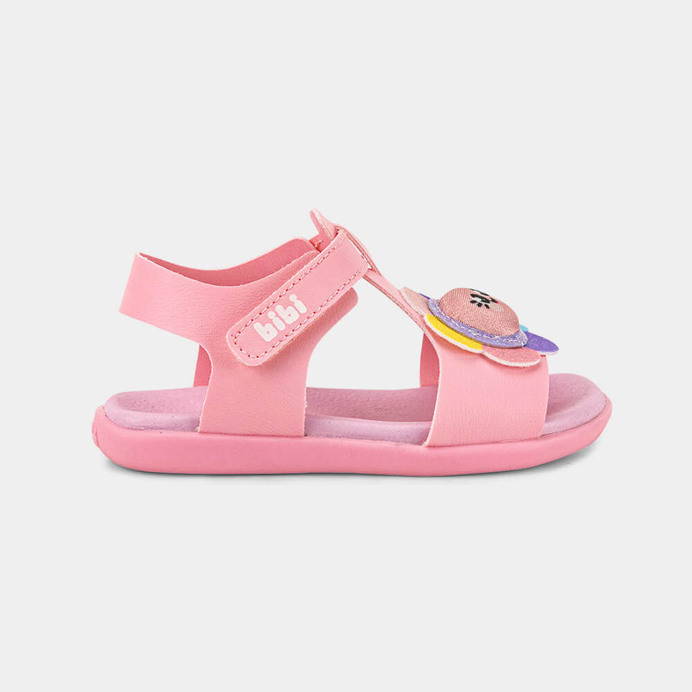 Sandália infantil rosa Bibi Baby Soft II com flor colorida vista lateral direita