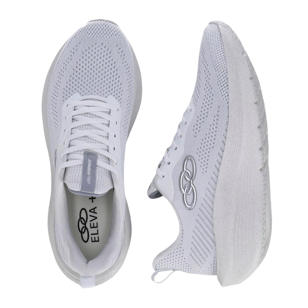 Tênis Olympikus Rayo branco masculino vista superior e lateral mostrando detalhes do cabedal e palmilha