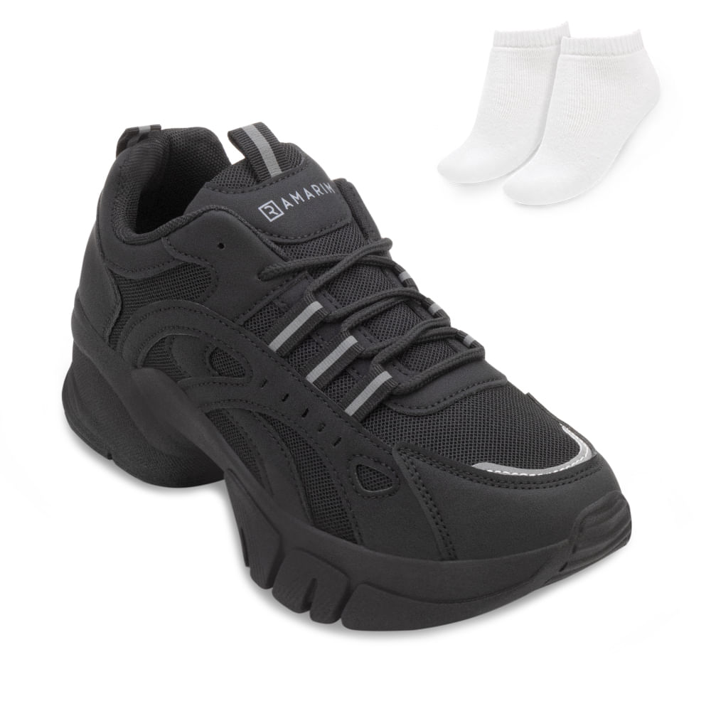 Tênis Chunky Sneakers Ramarim preto perfil lateral direito com detalhes em mesh e cadarço