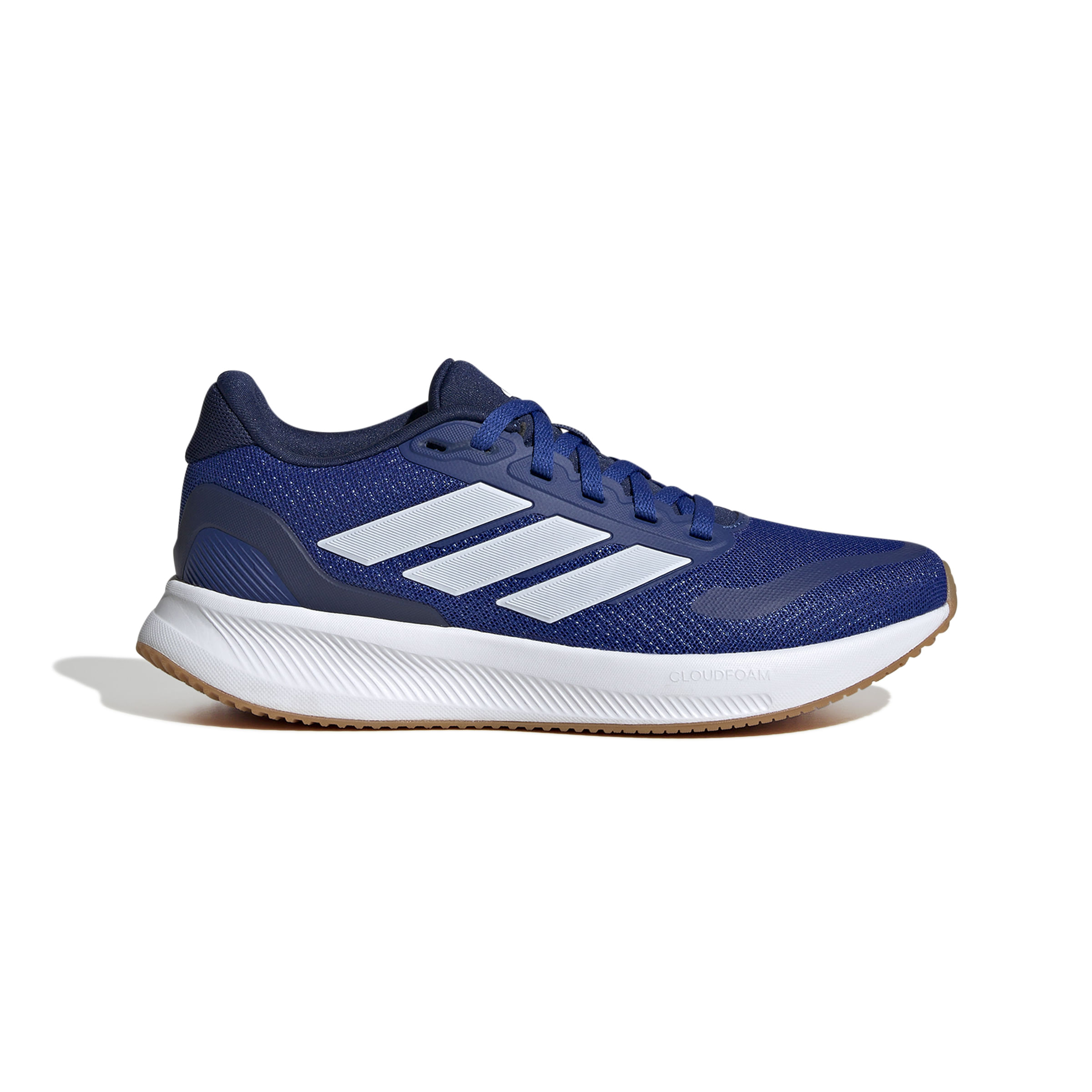 Tênis Adidas Runfalcon 5 Juvenil Azul vista lateral direita com cabedal azul em mesh e detalhes sintéticos, com solado marrom claro e cadarço azul.