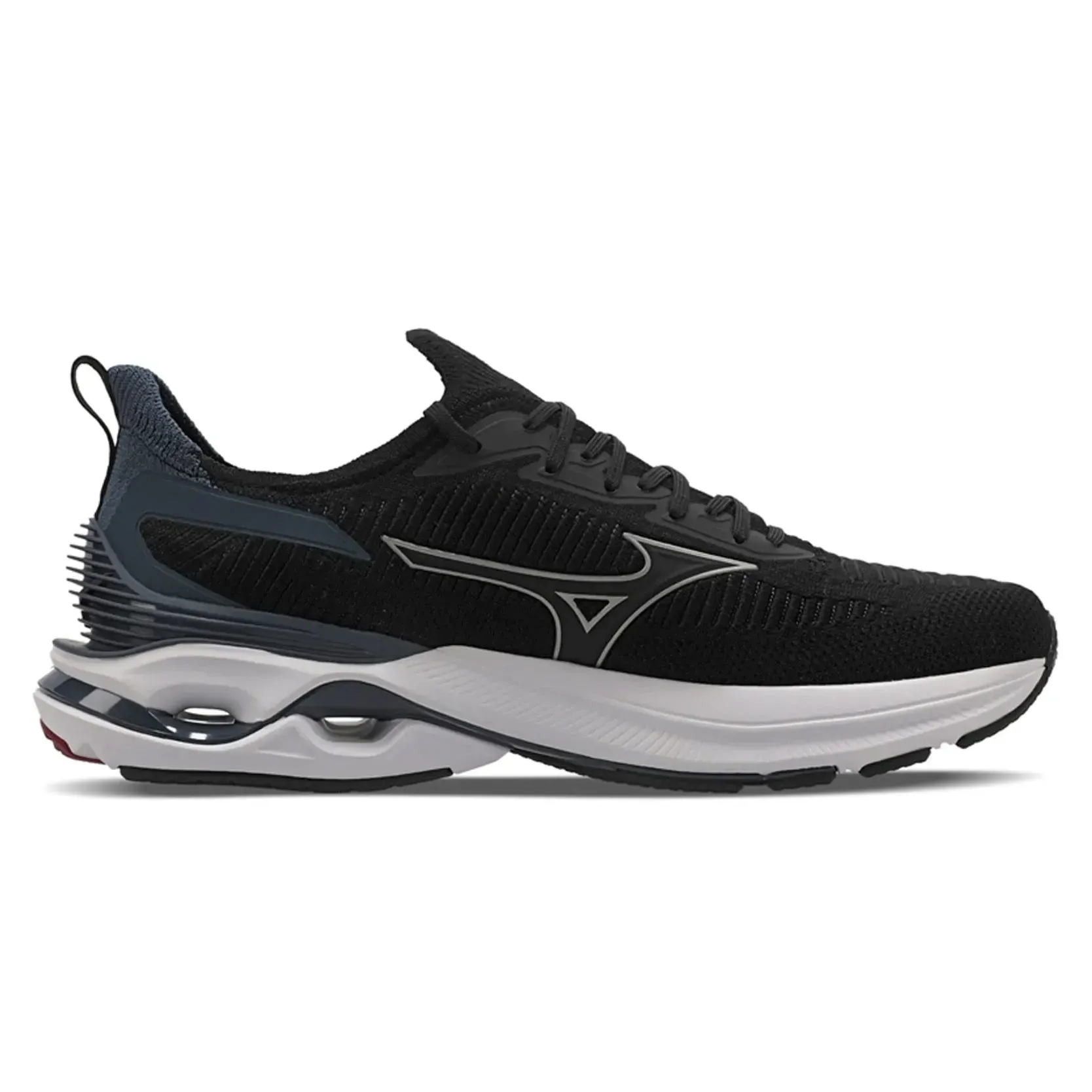 Tênis Mizuno Wave Mirai 7 Masculino Preto visto de lado com logo Mizuno visível