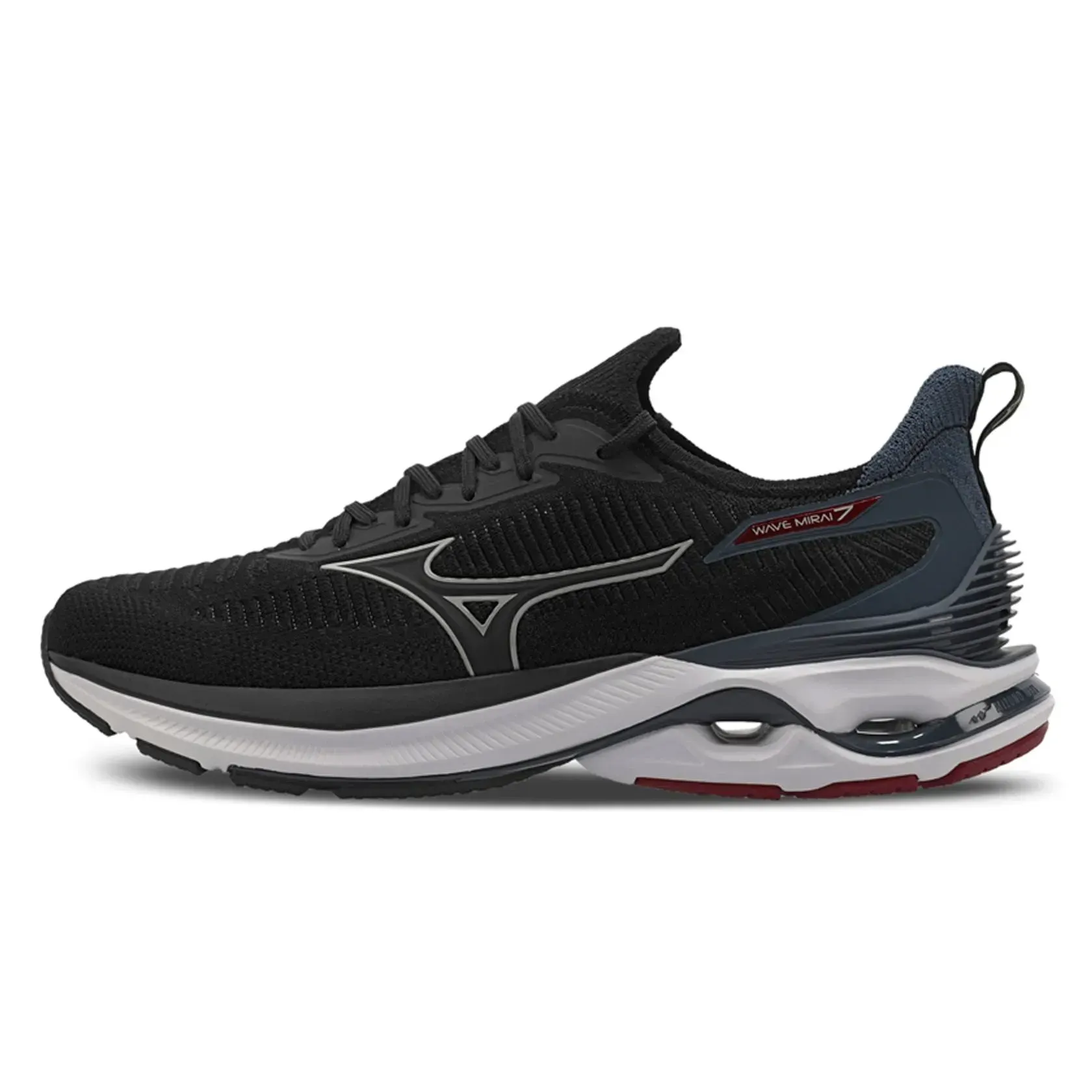 Tênis Mizuno Wave Mirai 7 Masculino Preto mostrado de frente com detalhes em cinza e vermelho