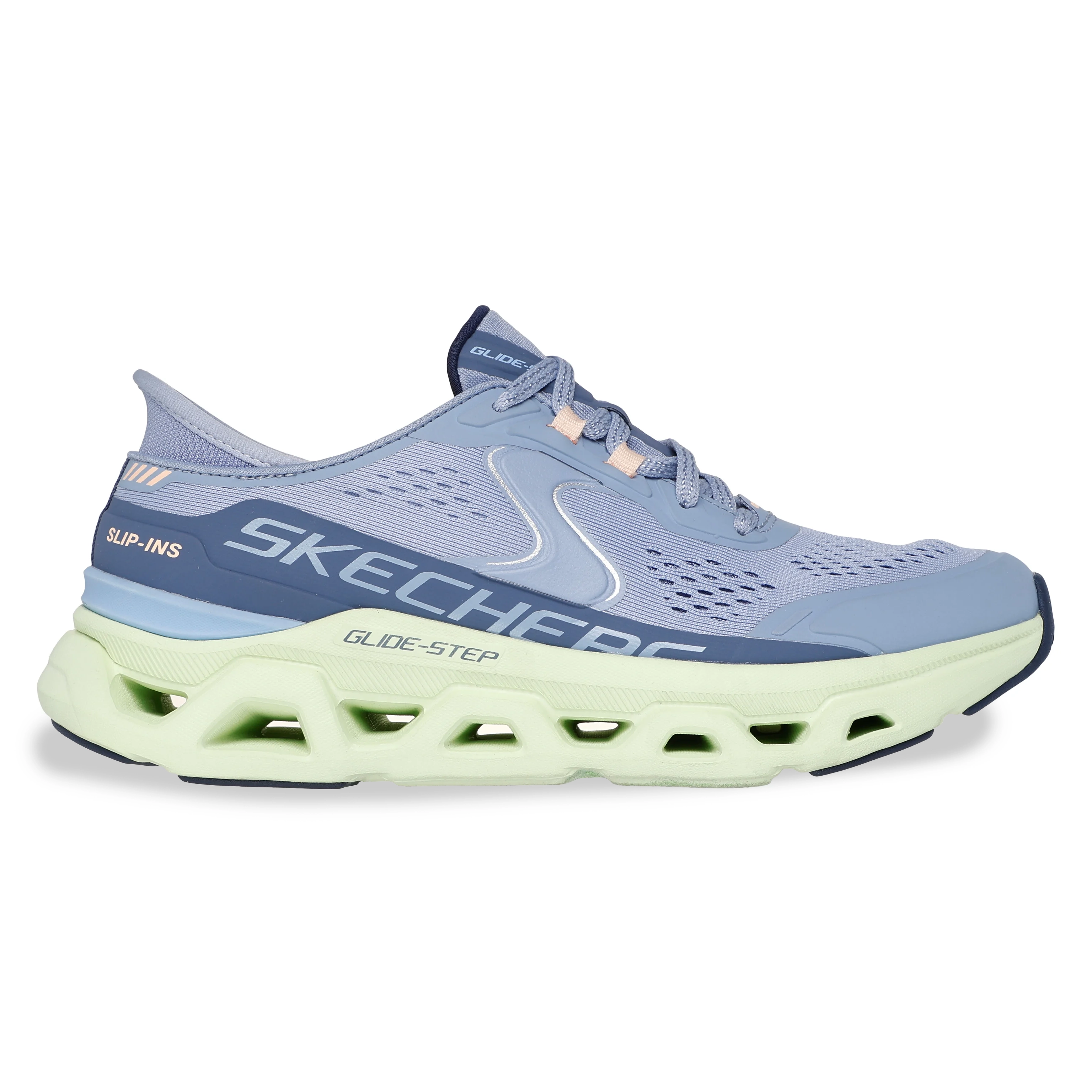 Tênis Skechers Glide Step Atlus feminino azul com destaque para marca e tecnologia de amortecimento