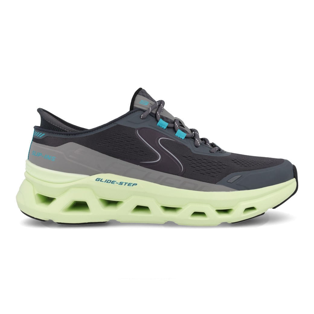 Tênis esportivo masculino Skechers Glide Step Altus cinza com detalhes azul claro, vista lateral interna com solado verde lima e cadarço cinza