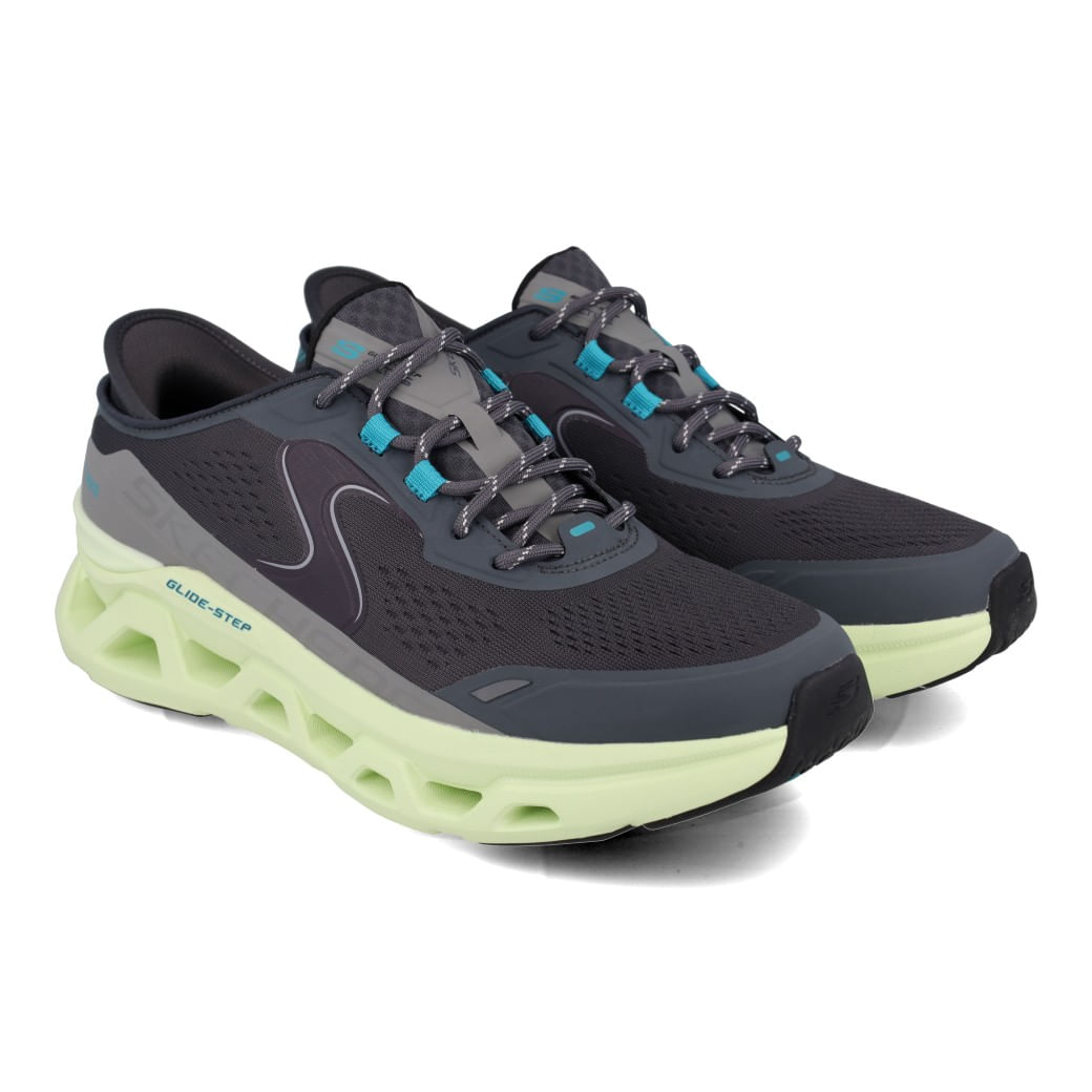 Par de tênis Skechers Glide Step Altus cinza com solado verde lima e detalhes em azul claro