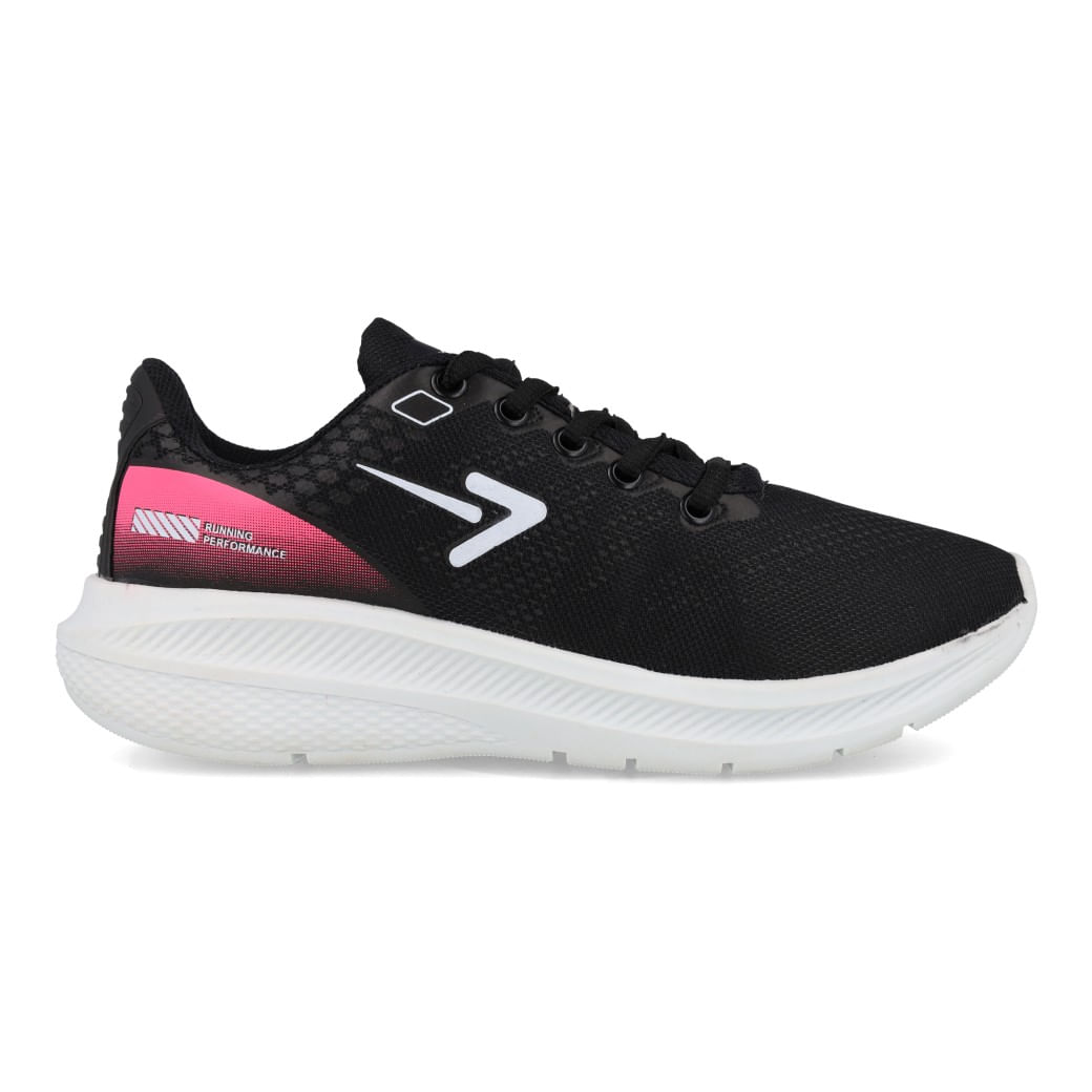 Tênis feminino preto com cabedal têxtil em mesh, vista lateral direita, detalhe rosa degradê no calcanhar.