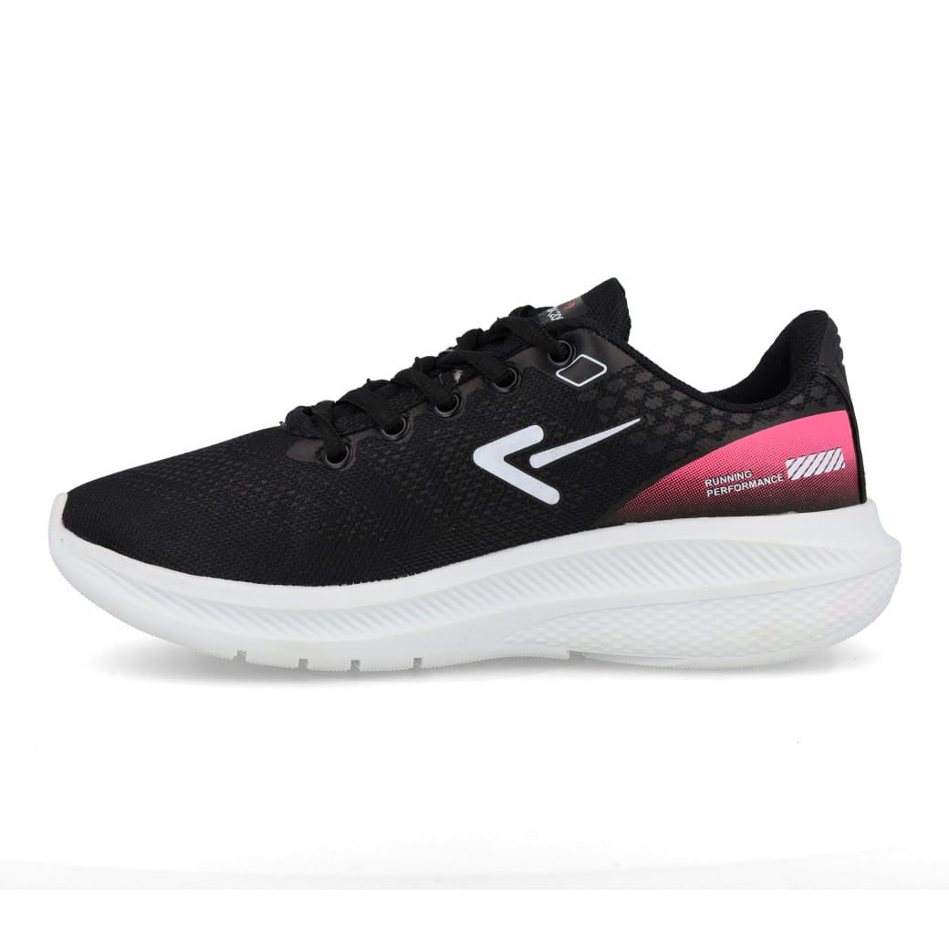 Tênis feminino preto vista lateral esquerda com solado branco e detalhes rosa no contraforte.