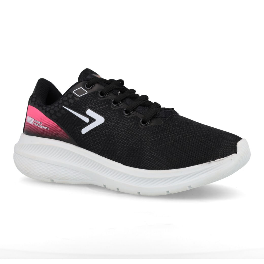 Tênis feminino preto em malha têxtil com detalhes rosa, vista frontal 3/4 direita.