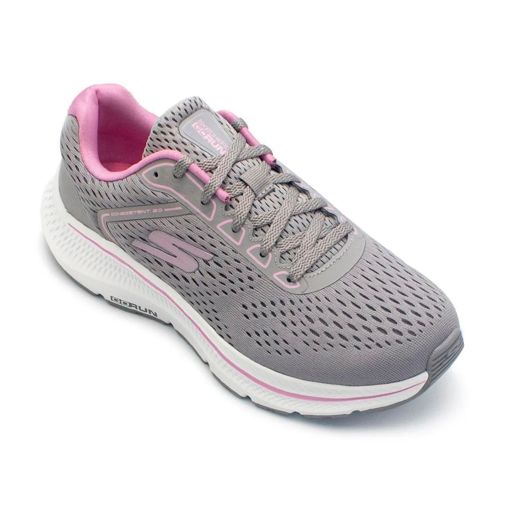 Tênis esportivo feminino Skechers Go Run Consistent 2.0 cor cinza vista de perfil mostrando design do solado e cabedal mesh