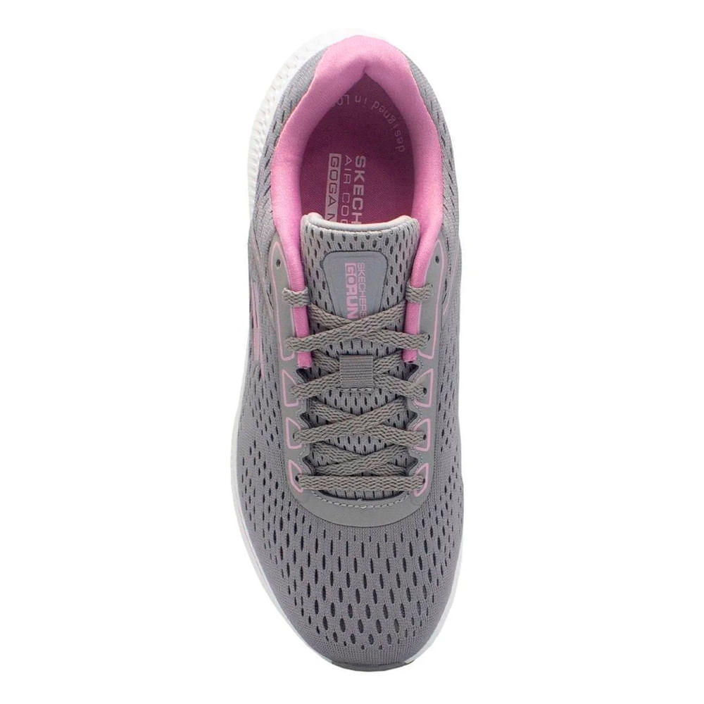 Tênis esportivo feminino Skechers Go Run Consistent 2.0 cor cinza vista frontal mostrando cabedal mesh e solado branco rosa
