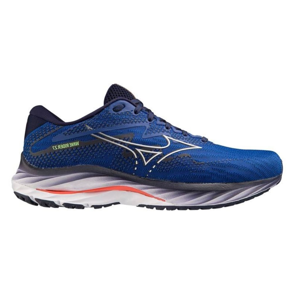 Tênis Mizuno Rider 27 masculino azul escuro com detalhes laranja, vista lateral direita