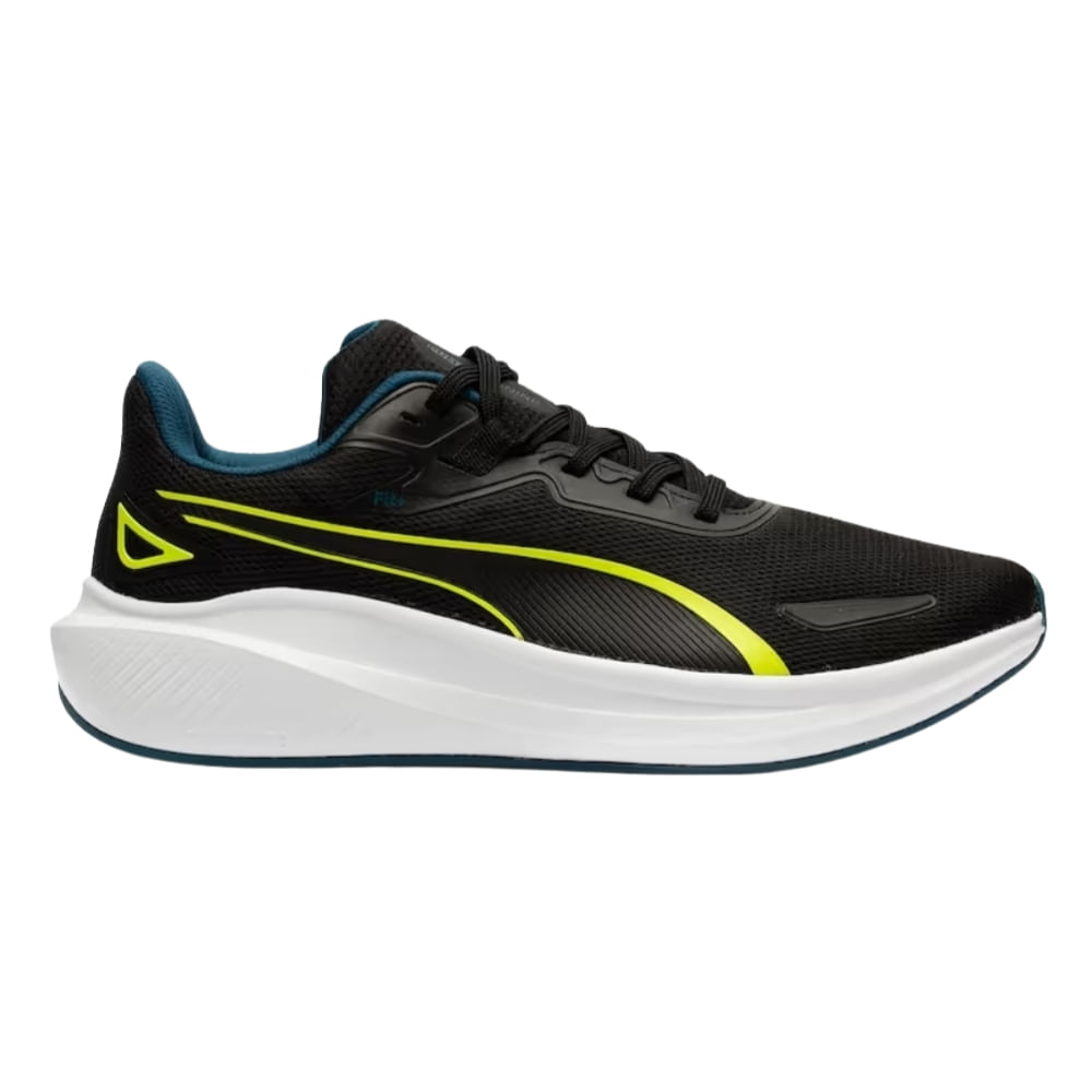 Tênis masculino Puma Skyrocket Lite preto em perfil lateral direito com detalhes amarelos e azul petróleo