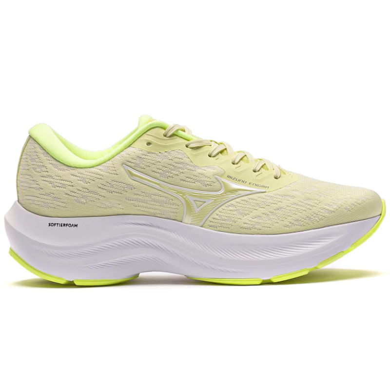 Tênis Mizuno Enigma feminino verde claro com cabedal em mesh, vista lateral direita sobre fundo branco