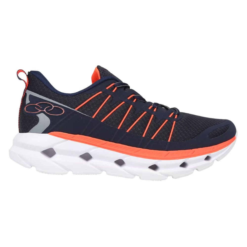 Tênis feminino Olympikus Cyber 3 marinho com detalhes em pétala, material têxtil mesh, solado branco em EVA, vista lateral direita