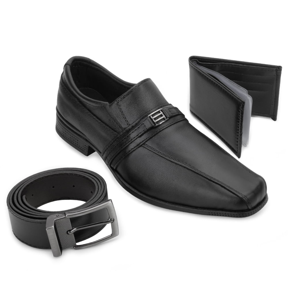 Kit masculino com sapato social preto de couro sintético, cinto e carteira combinando