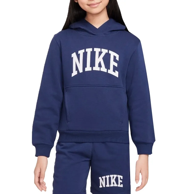 Blusão infantil azul da Nike com capuz, vista traseira mostrando detalhes do produto