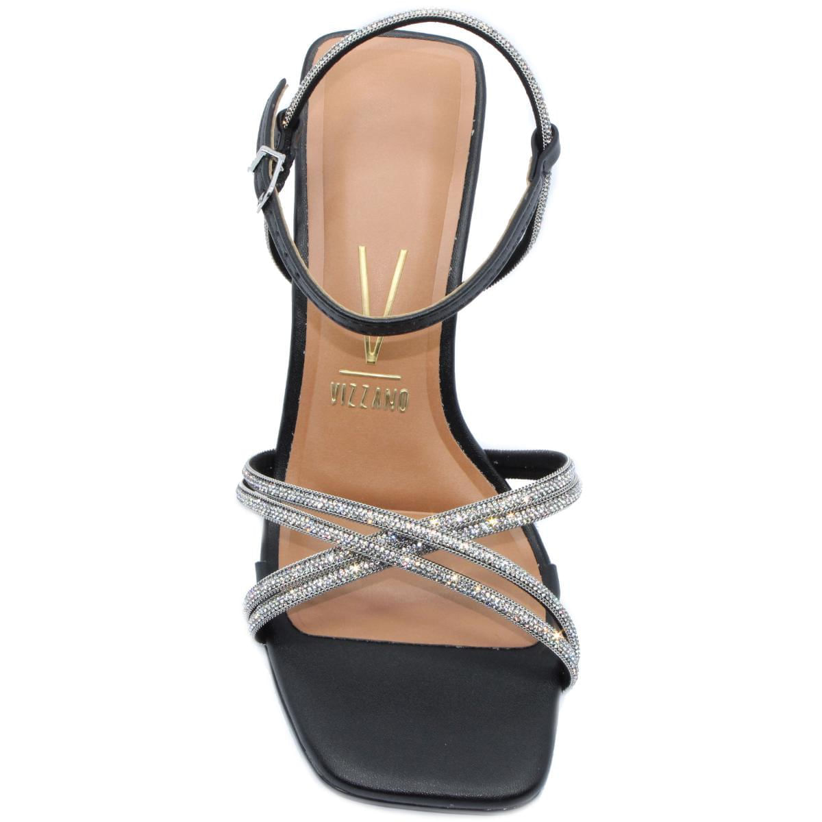 Sandália Vizzano Salto Alto Tira Fina Strass Feminina Preta Paquetá
